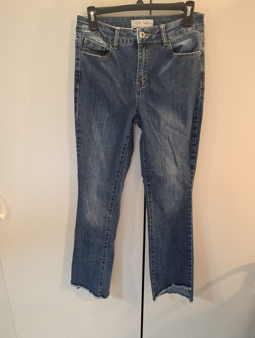 Charlie B Woman's Sz 4 Denim Cropped Slim Straight Jeans in Blue with Frayed Hem